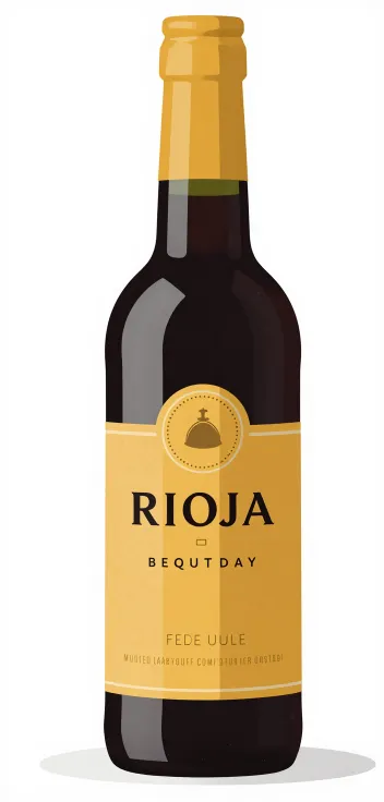 An illustration of a small dark bottle of Rioja with a yellow label and cap